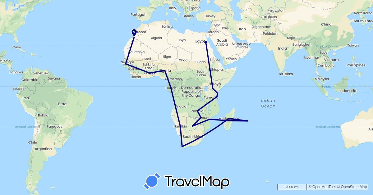 TravelMap itinerary: driving in Botswana, Egypt, Gabon, Ghana, Gambia, Kenya, Morocco, Madagascar, Mauritius, Mozambique, Namibia, Nigeria, Tanzania, South Africa, Zambia, Zimbabwe (Africa)